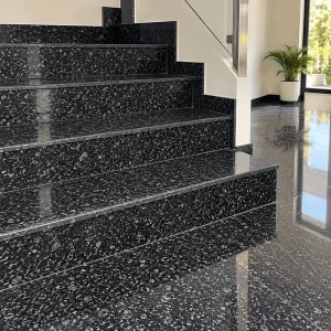 Kotda Black Granite stairs and flooring with polished black grey speckled finish