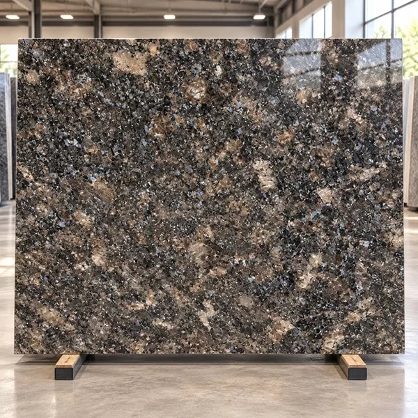 Honey Brown Granite polished slab with dark brown and honey-toned crystalline pattern