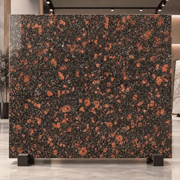 Kondagattu Brown Granite polished slab with dark brown-black base and reddish-brown mineral pattern
