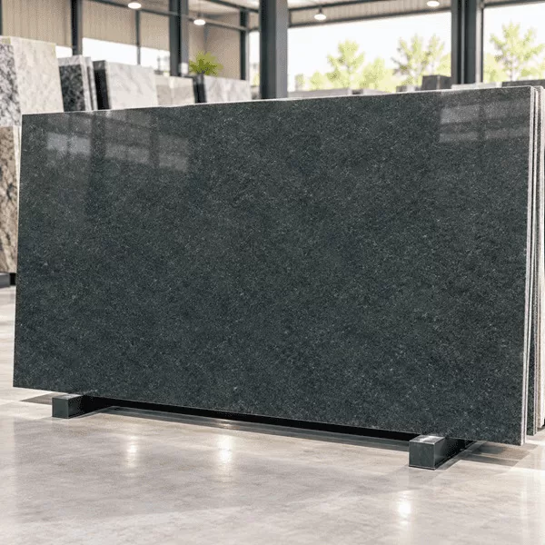 Rajyog Green Granite polished slab with dark green and fine natural speckled pattern