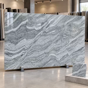 Kuppam Green Granite polished slab displayed in a showroom